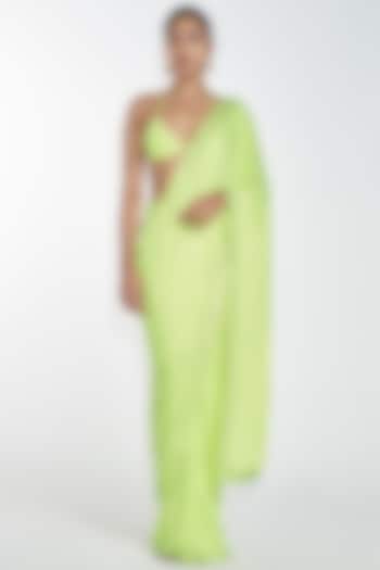 Neon Green Embroidered Pre-Stitched Reception Saree Set by ITRH at Pernia's Pop Up Shop