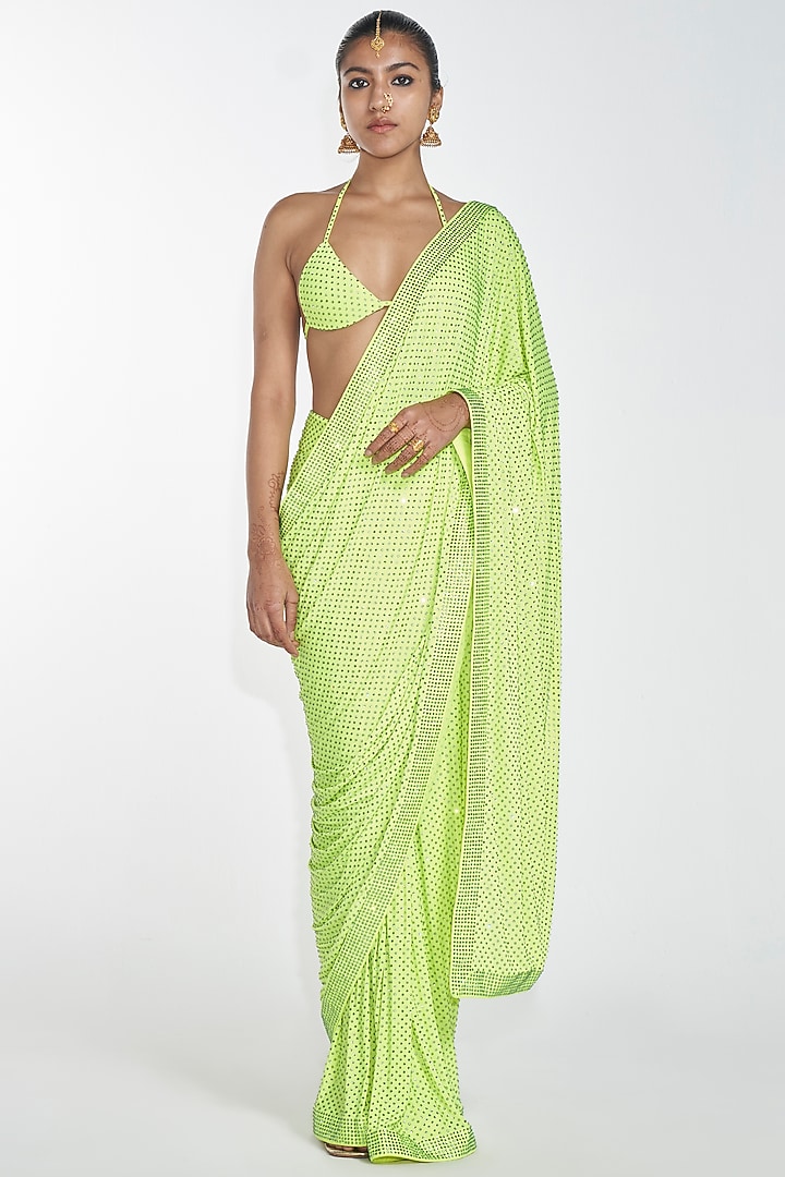 Neon Green Embroidered Pre-Stitched Reception Saree Set by ITRH at Pernia's Pop Up Shop