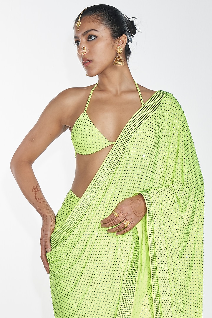 Neon Green Embroidered Pre-Stitched Reception Saree Set by ITRH at Pernia's Pop Up Shop