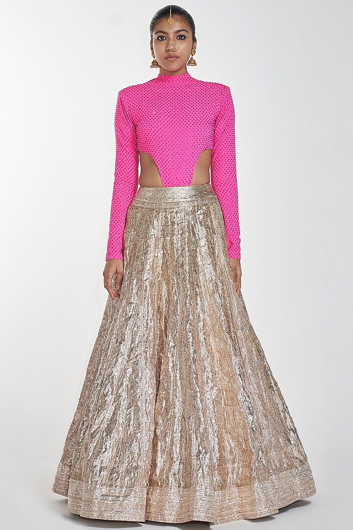 Gold Crystals Embroidered Wedding Lehenga Set by ITRH at Pernia's Pop Up Shop