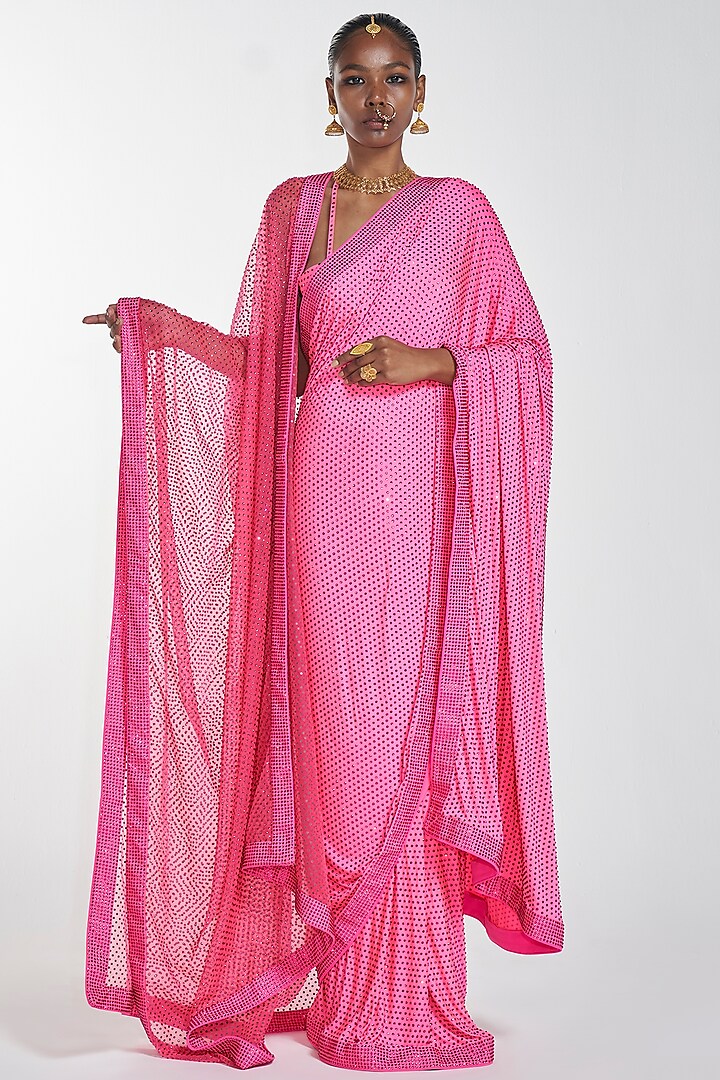 Neon Pink Embroidered Pre-Stitched Saree Set With Dupatta by ITRH