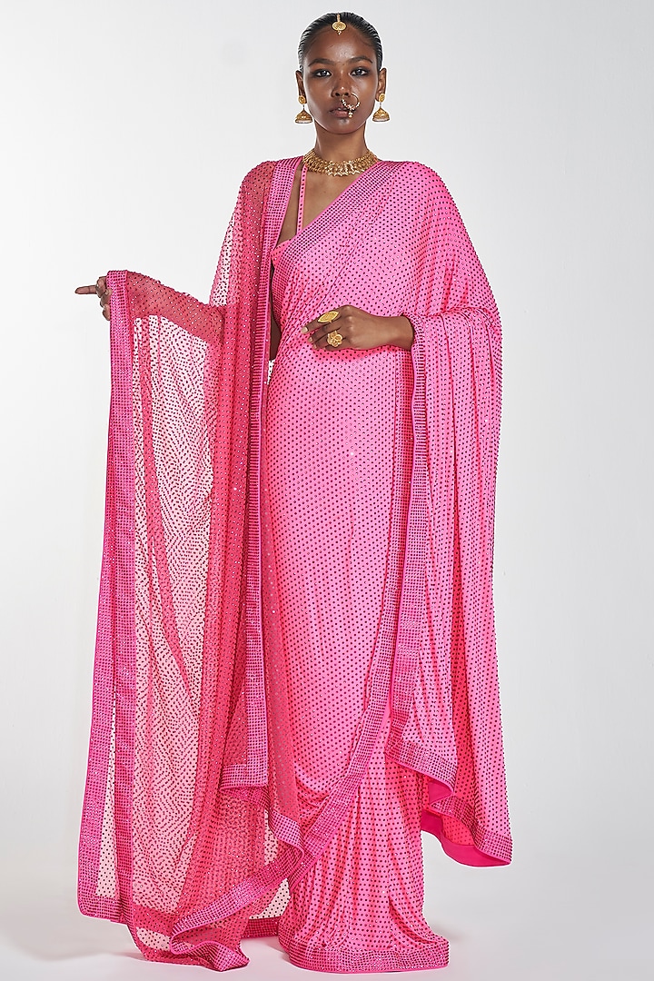 Neon Pink Embroidered Pre-Stitched Reception Saree Set With Dupatta by ITRH at Pernia's Pop Up Shop