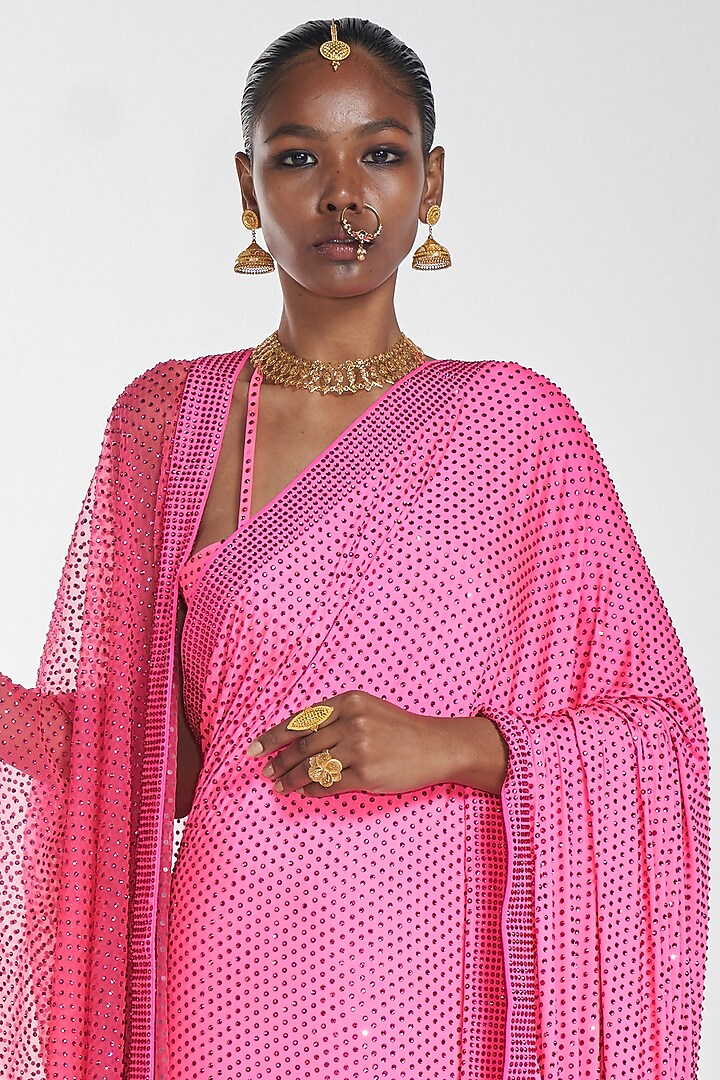 Neon Pink Embroidered Pre-Stitched Reception Saree Set With Dupatta by ITRH at Pernia's Pop Up Shop