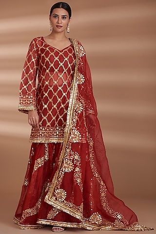 Red Silk Organza Embroidered Gharara Set by ITRH