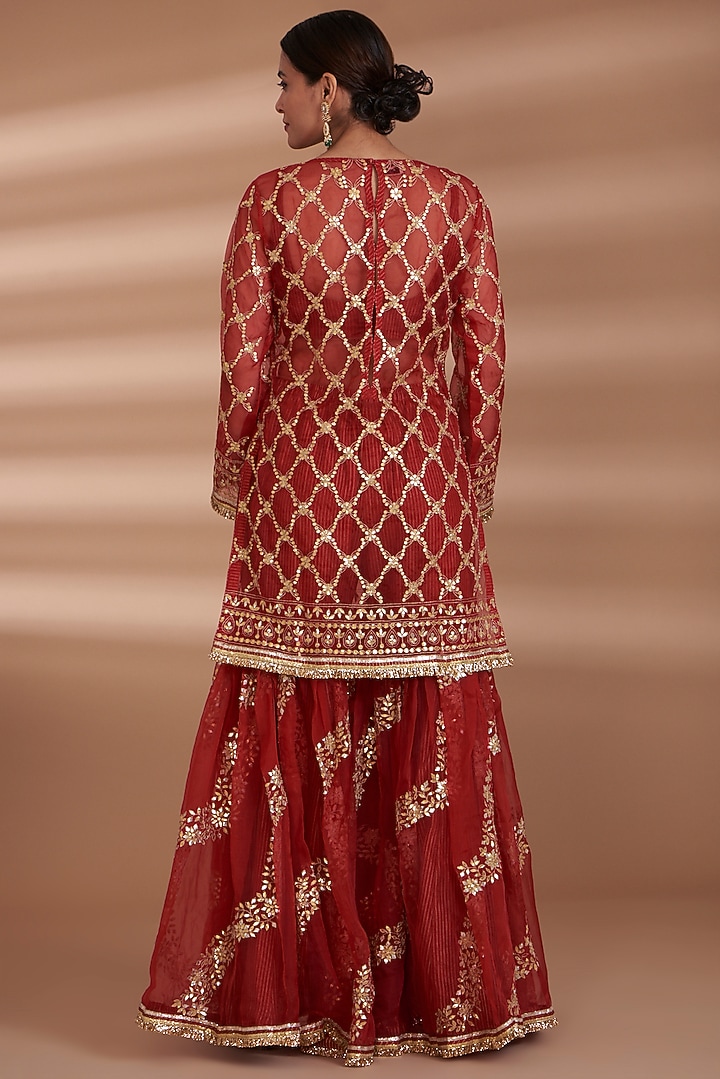 Red Silk Organza Embroidered Gharara Set by ITRH at Pernia's Pop Up Shop