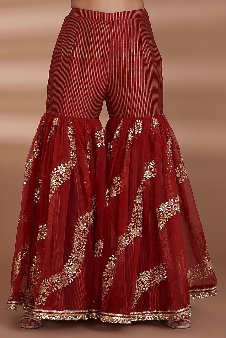 Red Silk Organza Embroidered Gharara Set by ITRH at Pernia's Pop Up Shop