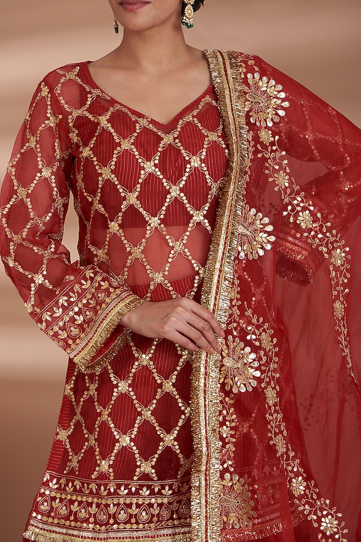 Red Silk Organza Embroidered Gharara Set by ITRH at Pernia's Pop Up Shop