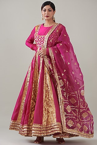 Pink Silk Organza & Organza Embroidered Anarkali Set by ITRH