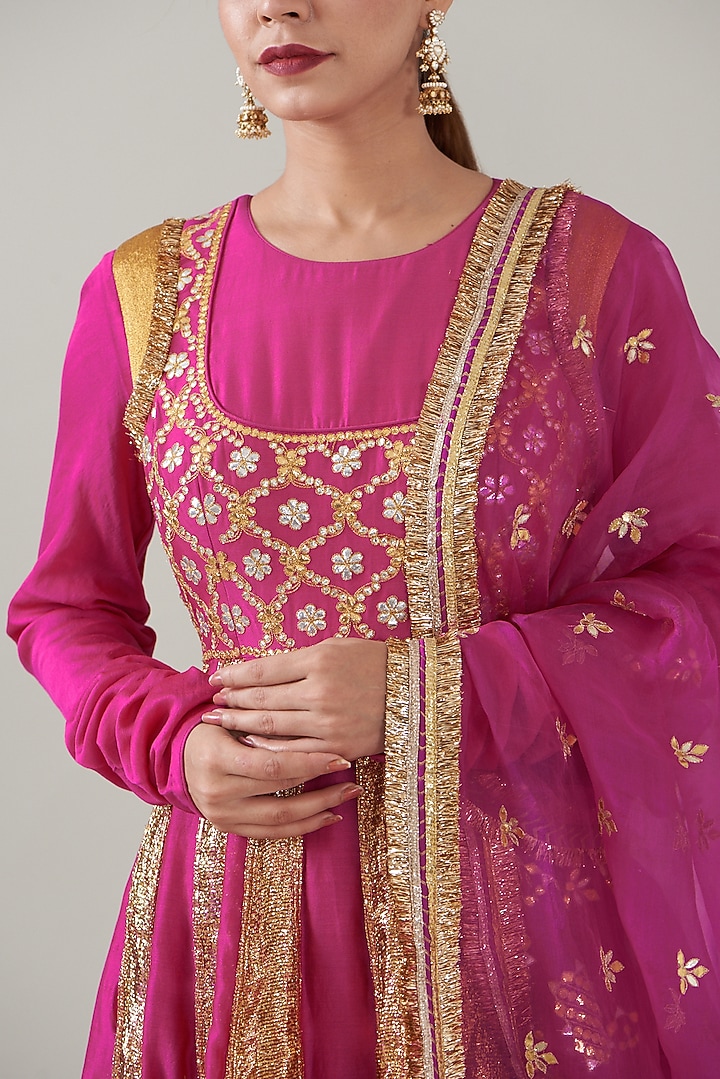 Pink Silk Organza & Organza Embroidered Bridal Anarkali Set by ITRH at Pernia's Pop Up Shop