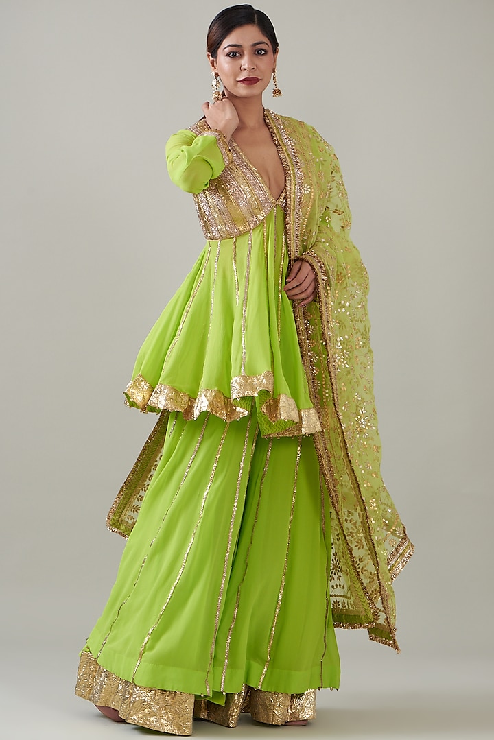 Neon Green Georgette Sharara Set by ITRH at Pernia's Pop Up Shop