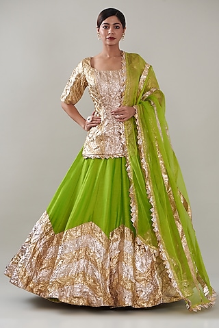Green Chanderi Lehenga Set by ITRH