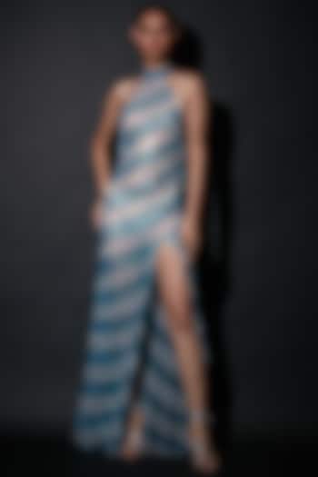 Aqua & Silver Net Embellished Gown by ITRH