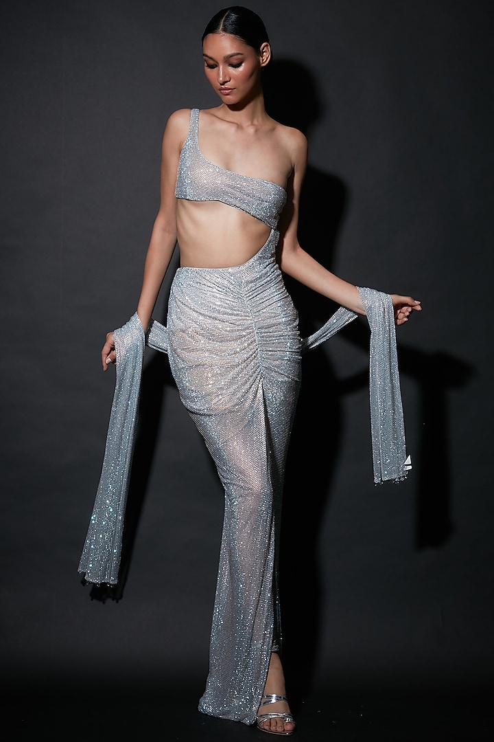 Silver Net Ruched Gown With Stole by ITRH