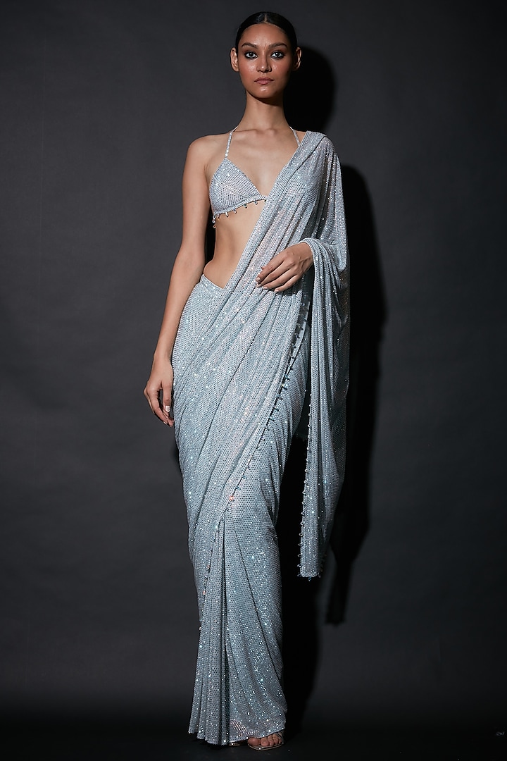 Silver Net Embellished Pre-Draped Saree Set by ITRH