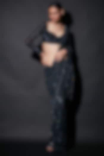 Black Net Embellished Pre-Draped Saree Set by ITRH
