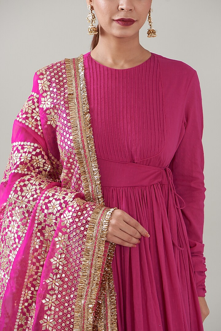 Fuchsia Silk Organza & Lampi Bridal Anarkali Set by ITRH at Pernia's Pop Up Shop