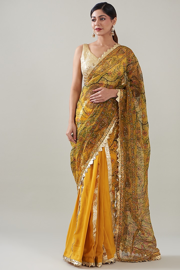 Yellow Silk Organza & Silk Crepe Hand Painted Saree Set by ITRH