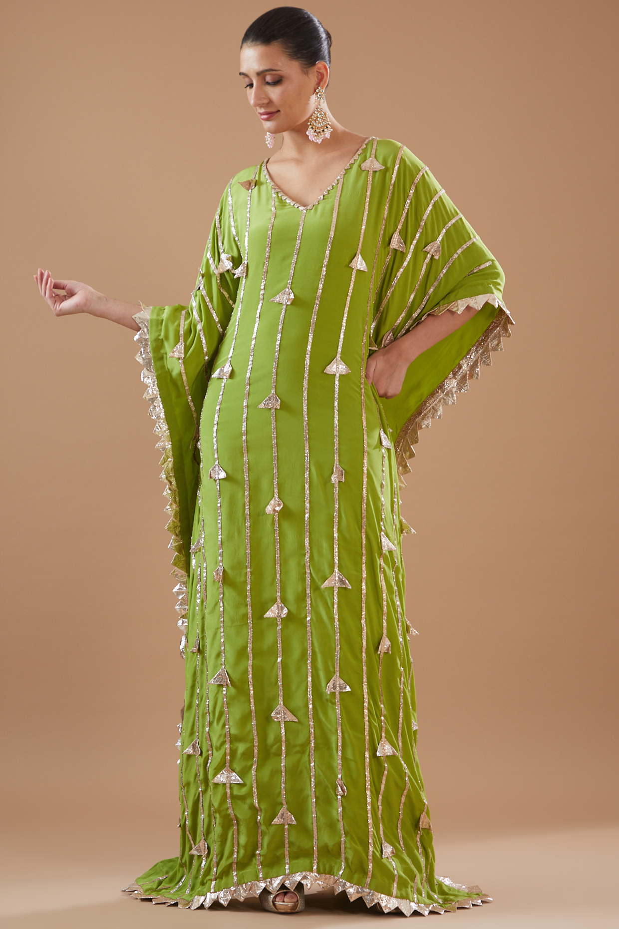 Green Pure Crepe Embroidered Kaftan by ITRH at Pernia's Pop Up Shop
