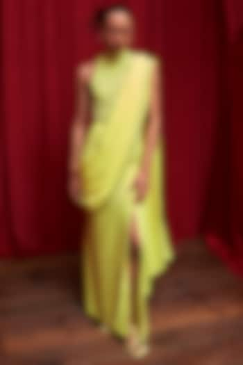 Neon Yellow Jersey Crystal Embellished Ruched Skirt Saree Set by ITRH at Pernia's Pop Up Shop