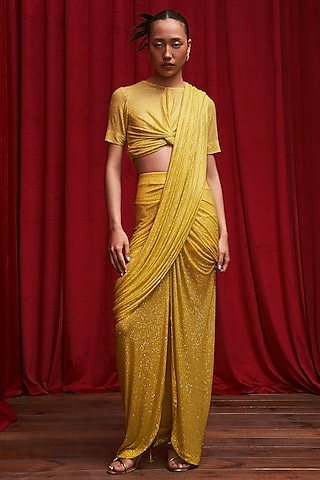 Yellow Net Ruched Skirt Saree Set by ITRH