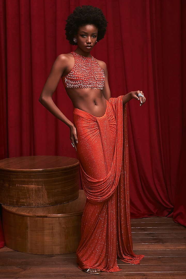 Orange Net Crystal Embellished Ruched Skirt Saree Set by ITRH at Pernia's Pop Up Shop