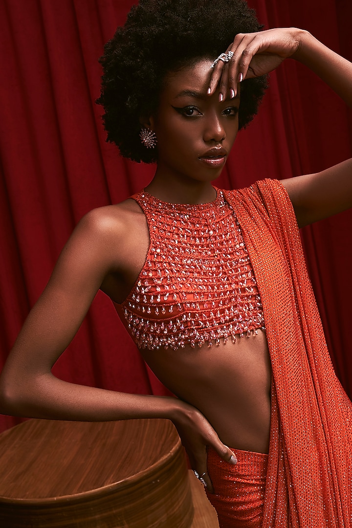 Orange Net Crystal Embellished Ruched Skirt Bridal Saree Set by ITRH at Pernia's Pop Up Shop