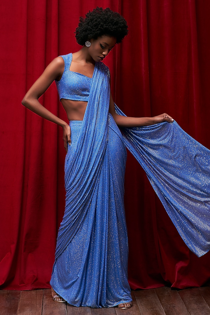 Blue Net Crystal Embellished Pre-Stitched Saree Set by ITRH