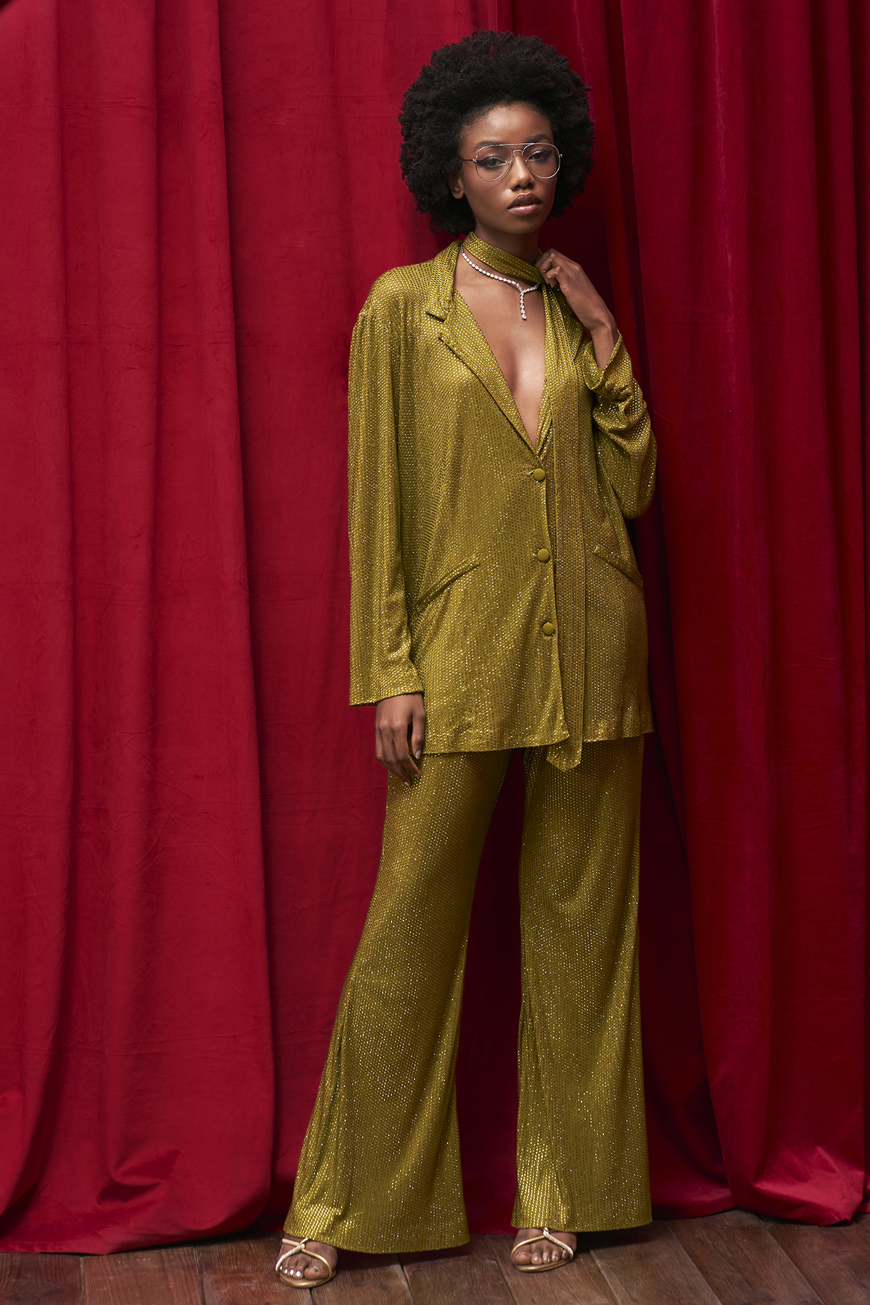 Olive Net Crystal Embellished Co-Ord Set by ITRH at Pernia's Pop Up Shop