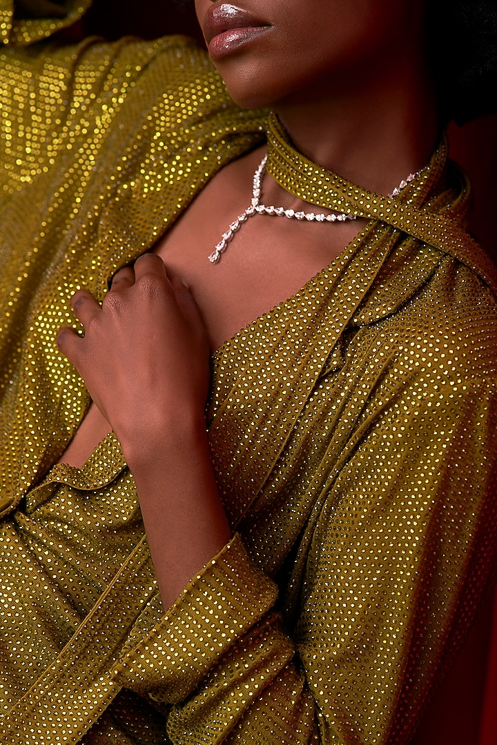 Olive Net Crystal Embellished Co-Ord Set by ITRH at Pernia's Pop Up Shop