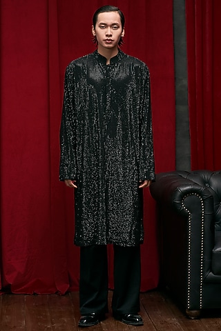 Black Net Crystal Embellished Kurta Set by ITRH