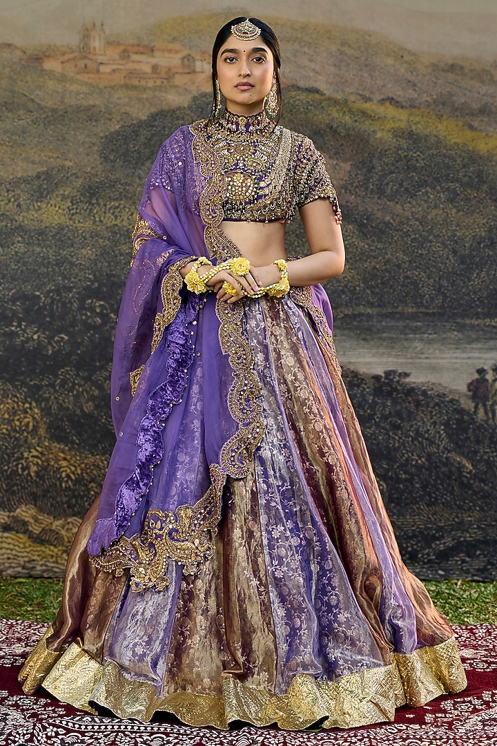 Plum Purple Tissue Jadau Work Color block Bridal Lehenga Set by ITRH at Pernia's Pop Up Shop