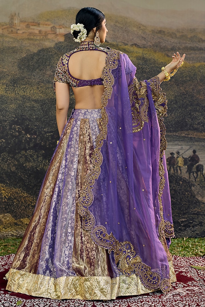Plum Purple Tissue Jadau Work Color block Bridal Lehenga Set by ITRH at Pernia's Pop Up Shop