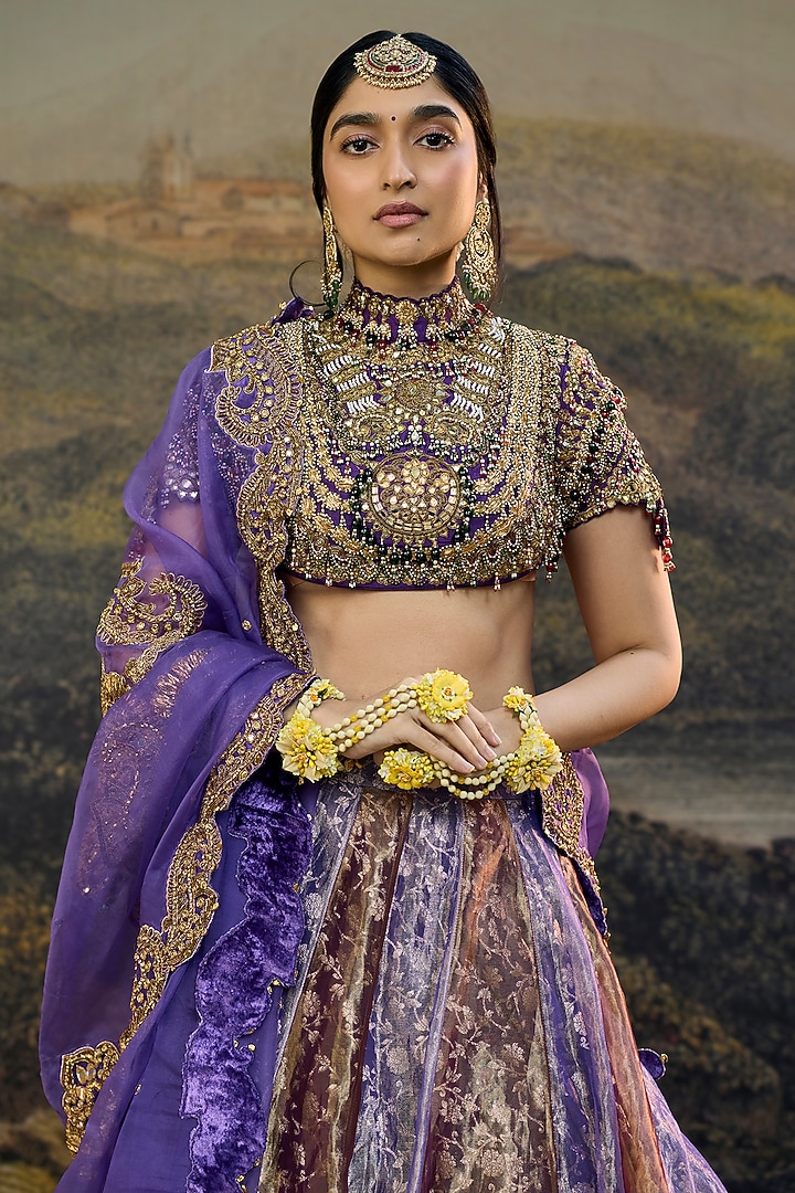 Plum Purple Tissue Jadau Work Color block Bridal Lehenga Set by ITRH at Pernia's Pop Up Shop