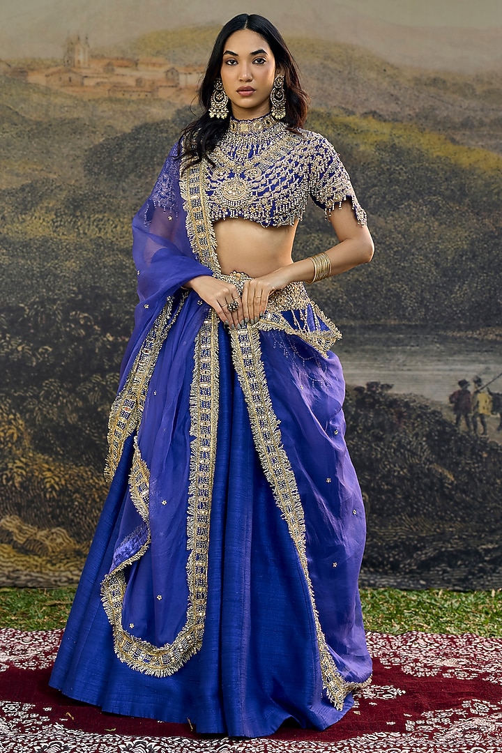 Electric Blue Silk Jadau Embroidered Bridal Lehenga Set by ITRH at Pernia's Pop Up Shop