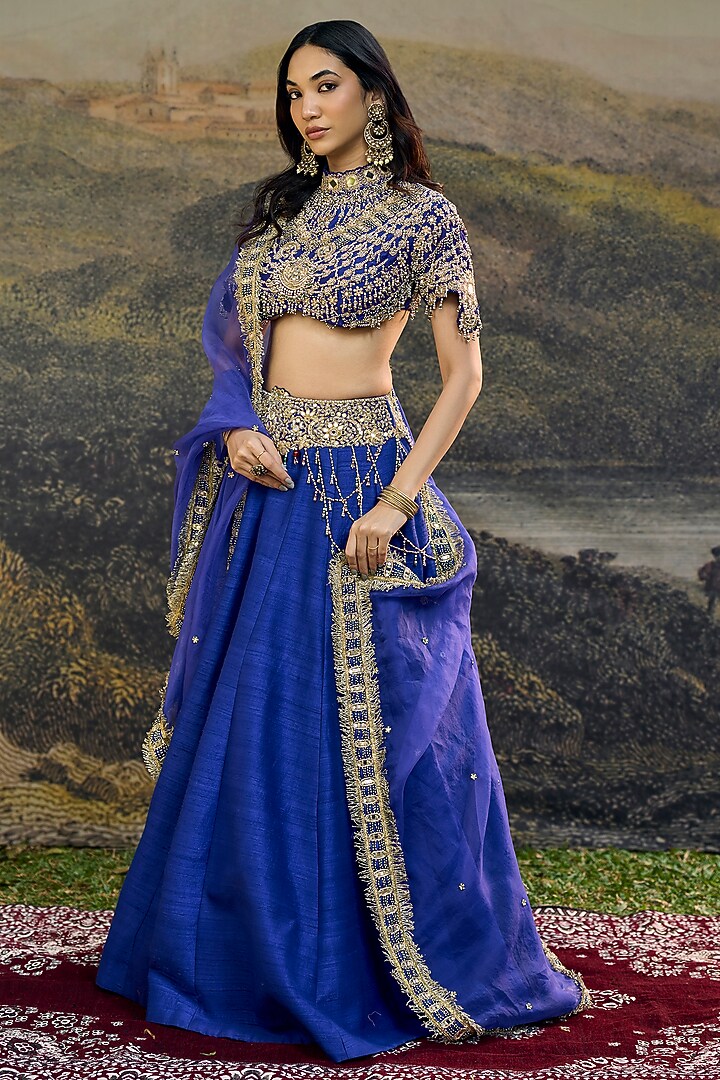 Electric Blue Silk Jadau Embroidered Bridal Lehenga Set by ITRH at Pernia's Pop Up Shop
