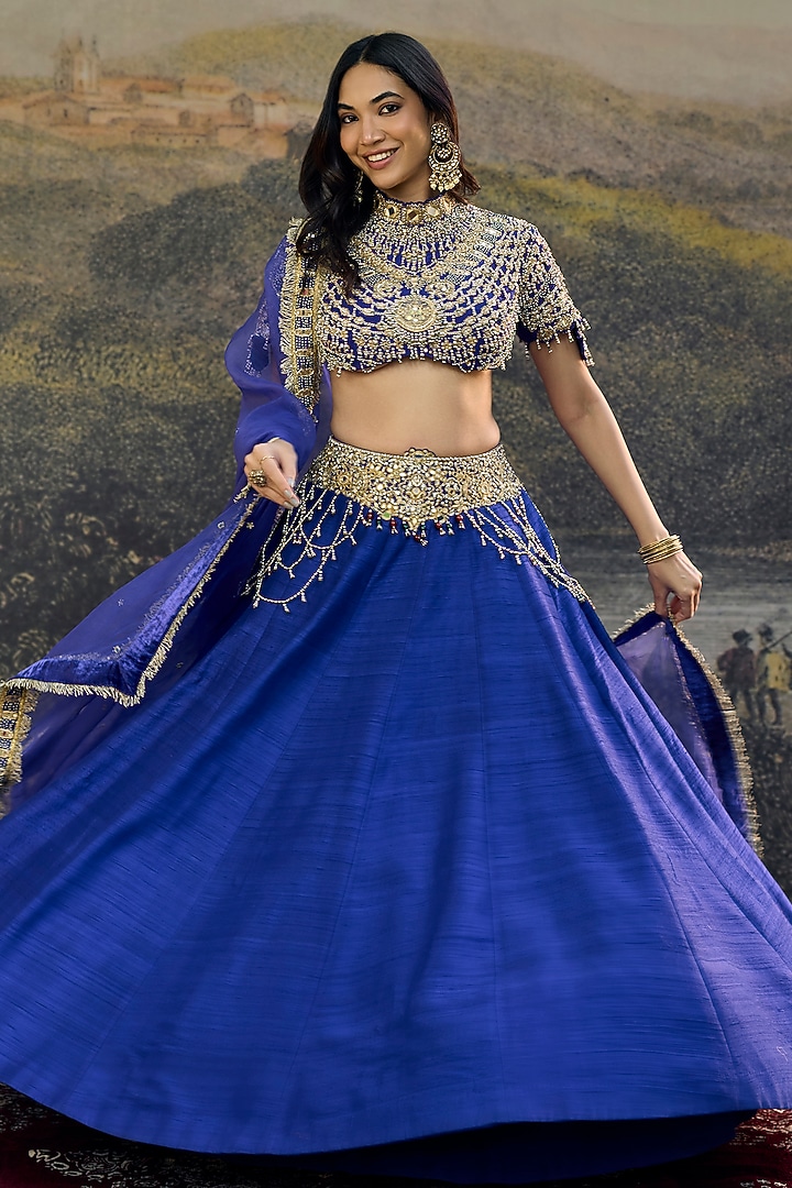 Electric Blue Silk Jadau Embroidered Bridal Lehenga Set by ITRH at Pernia's Pop Up Shop