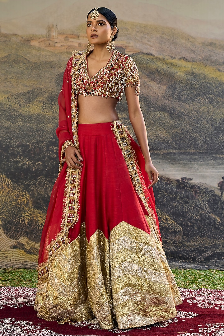 Red Silk Gota Work Bridal Lehenga Set by ITRH at Pernia's Pop Up Shop