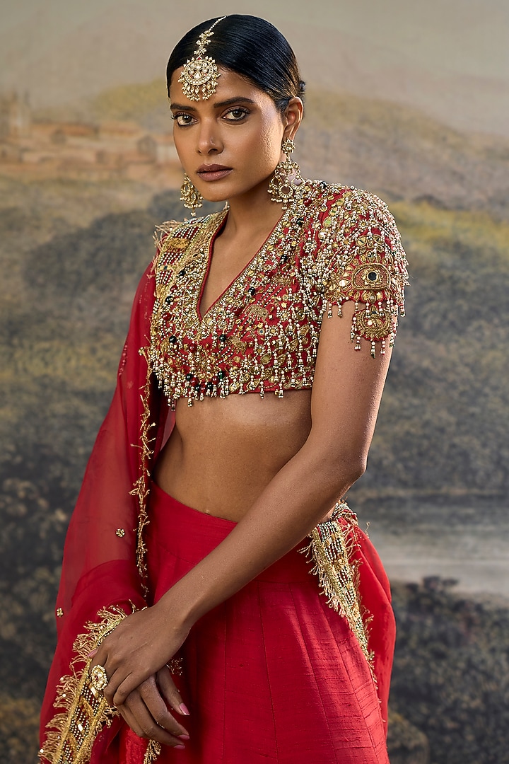 Red Silk Gota Work Bridal Lehenga Set by ITRH at Pernia's Pop Up Shop