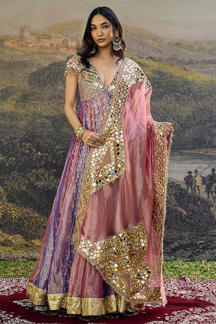 Purple & Pink Tissue Hand Embroidered Bridal Anarkali With Dupatta by ITRH at Pernia's Pop Up Shop