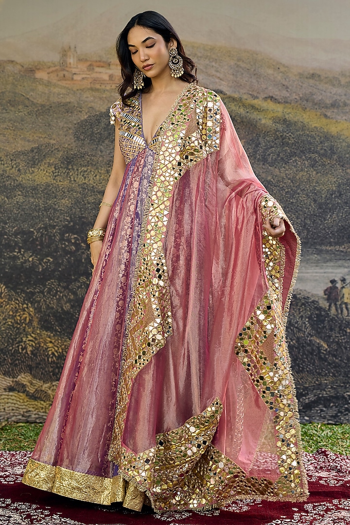 Purple & Pink Tissue Hand Embroidered Bridal Anarkali With Dupatta by ITRH at Pernia's Pop Up Shop