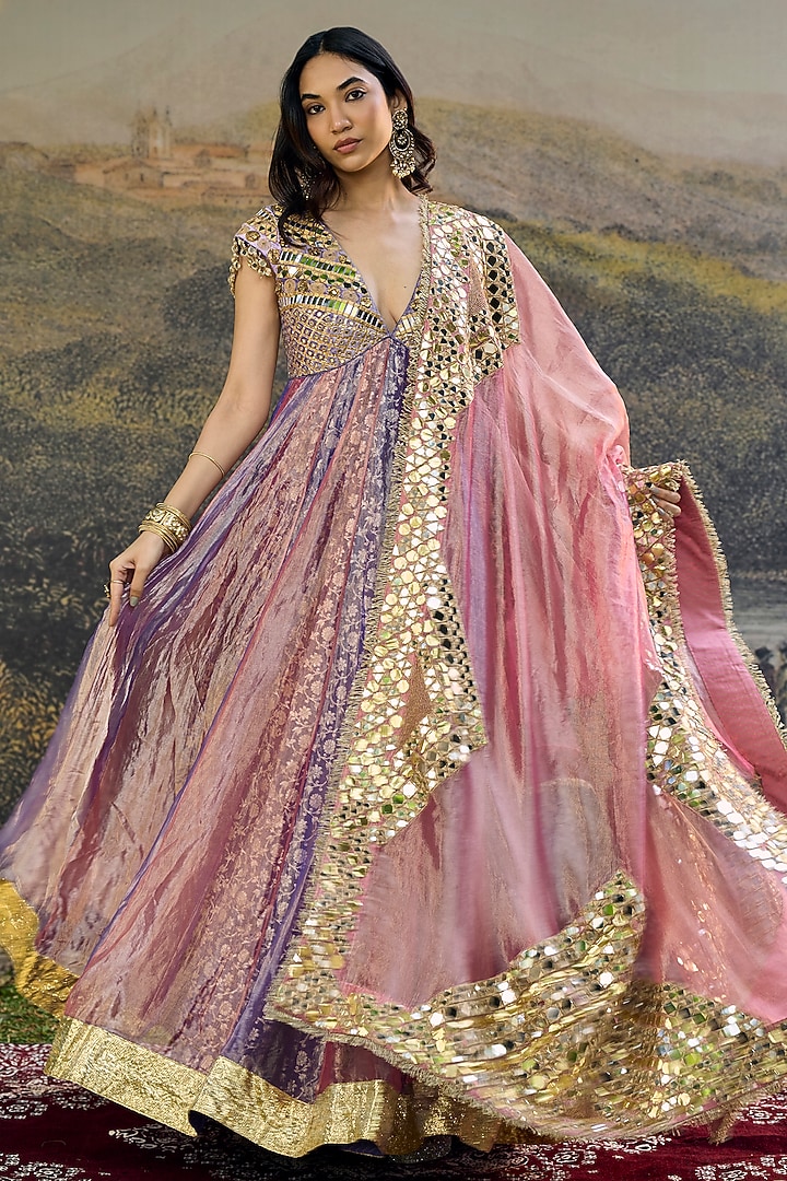 Purple & Pink Tissue Hand Embroidered Bridal Anarkali With Dupatta by ITRH at Pernia's Pop Up Shop