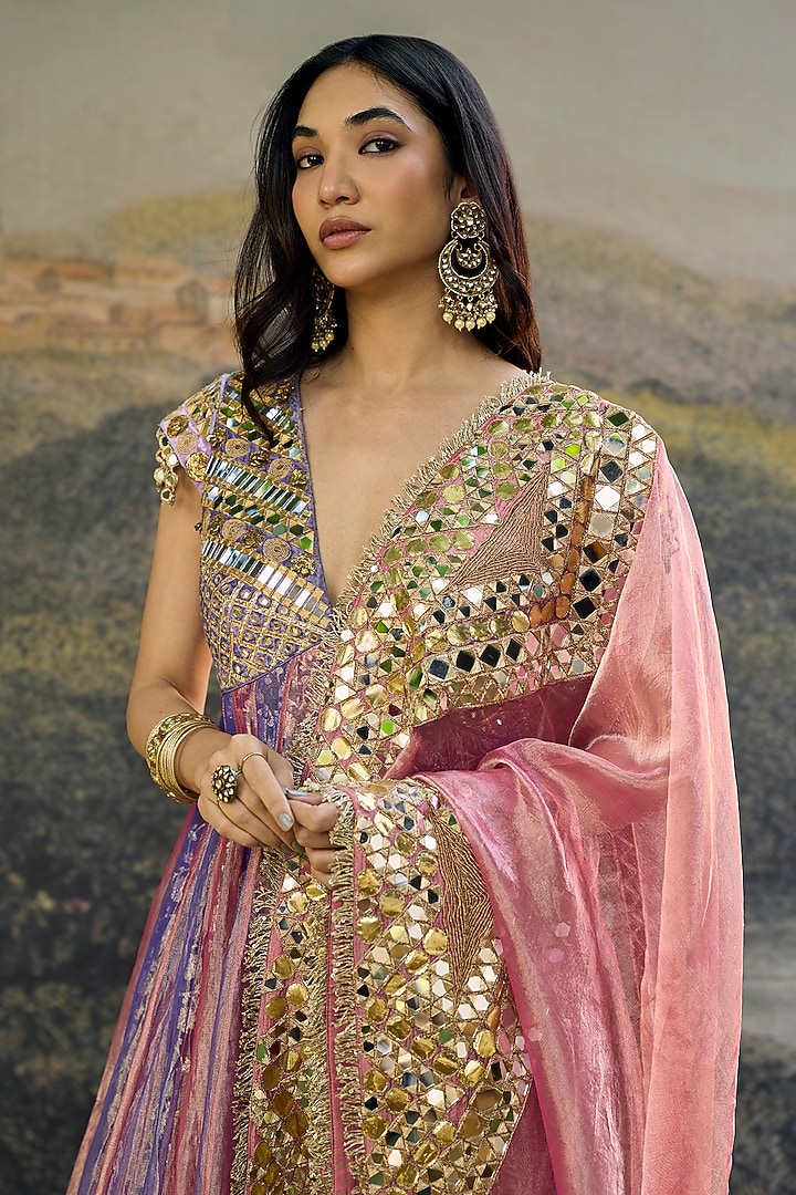 Purple & Pink Tissue Hand Embroidered Bridal Anarkali With Dupatta by ITRH at Pernia's Pop Up Shop