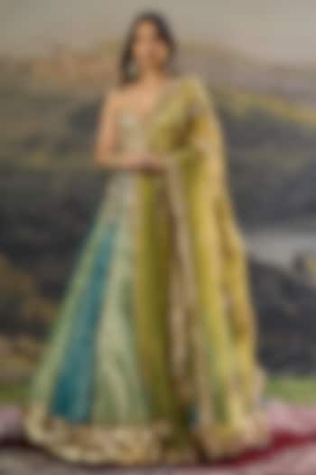 Green & Blue Tissue Mirror Embroidered Paneled Bridal Lehenga Set by ITRH at Pernia's Pop Up Shop