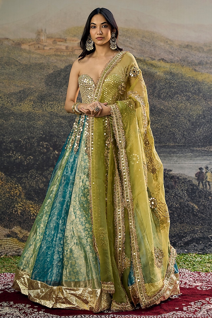 Green & Blue Tissue Mirror Embroidered Paneled Bridal Lehenga Set by ITRH at Pernia's Pop Up Shop