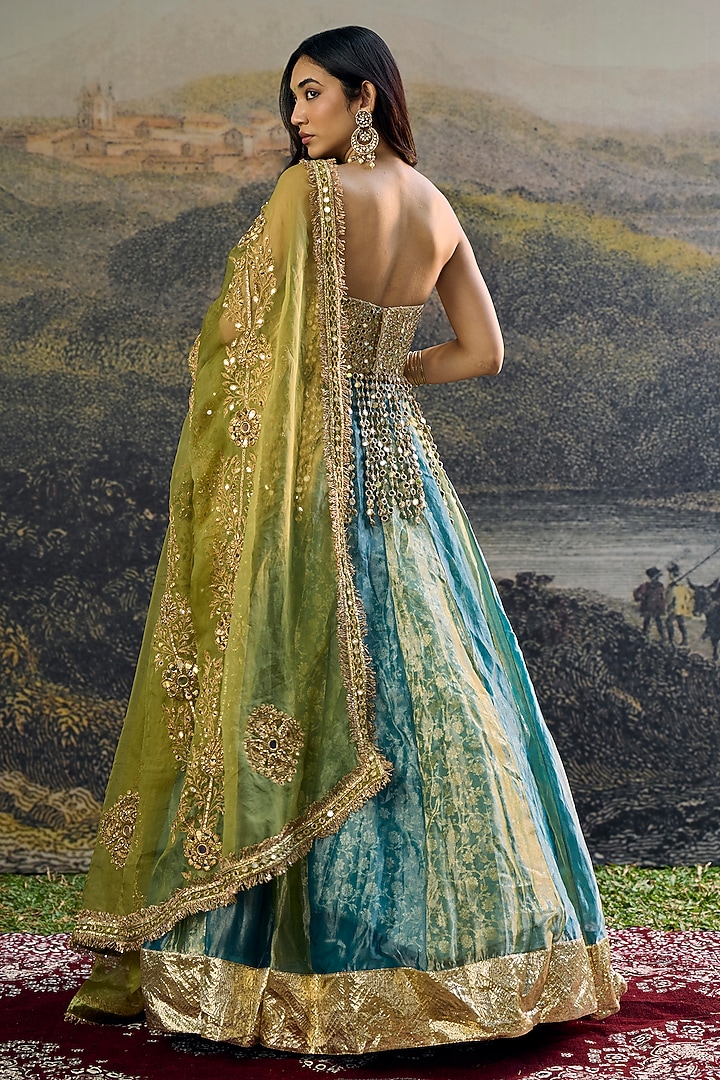 Green & Blue Tissue Mirror Embroidered Paneled Bridal Lehenga Set by ITRH at Pernia's Pop Up Shop
