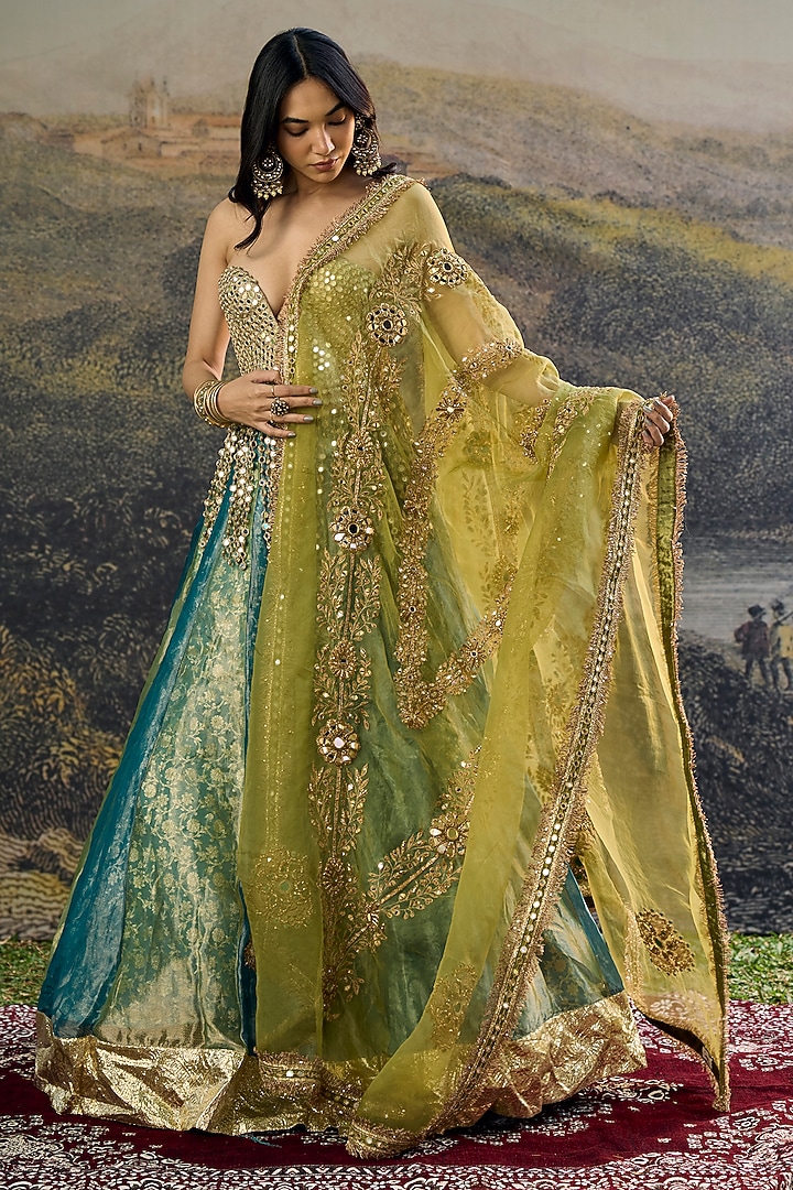 Green & Blue Tissue Mirror Embroidered Paneled Bridal Lehenga Set by ITRH at Pernia's Pop Up Shop