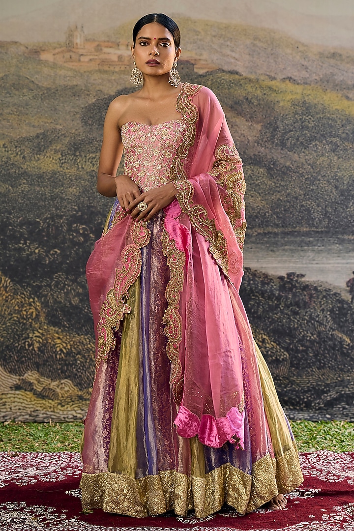 Multi-Colored Tissue Zari Embroidered Paneled Bridal Lehenga Set by ITRH at Pernia's Pop Up Shop