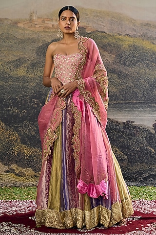 Multi-Colored Tissue Zari Embroidered Paneled Lehenga Set by ITRH