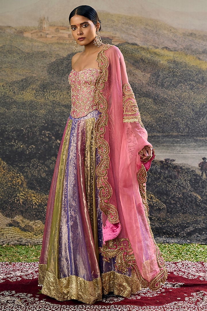 Multi-Colored Tissue Zari Embroidered Paneled Bridal Lehenga Set by ITRH at Pernia's Pop Up Shop