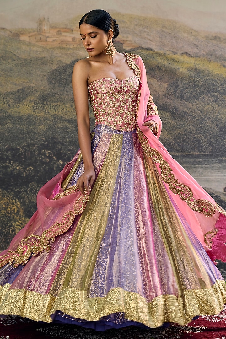 Multi-Colored Tissue Zari Embroidered Paneled Bridal Lehenga Set by ITRH at Pernia's Pop Up Shop